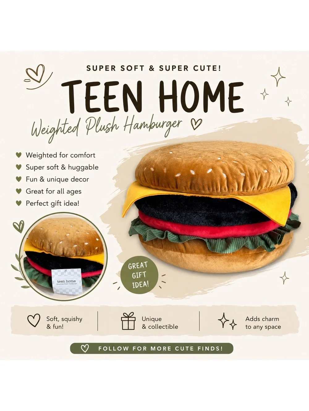 Teen Home Weighted Plush Hamburger Pillow